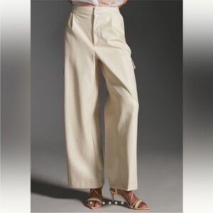 Faux Leather Wide-Leg Cargo Pants - Cream